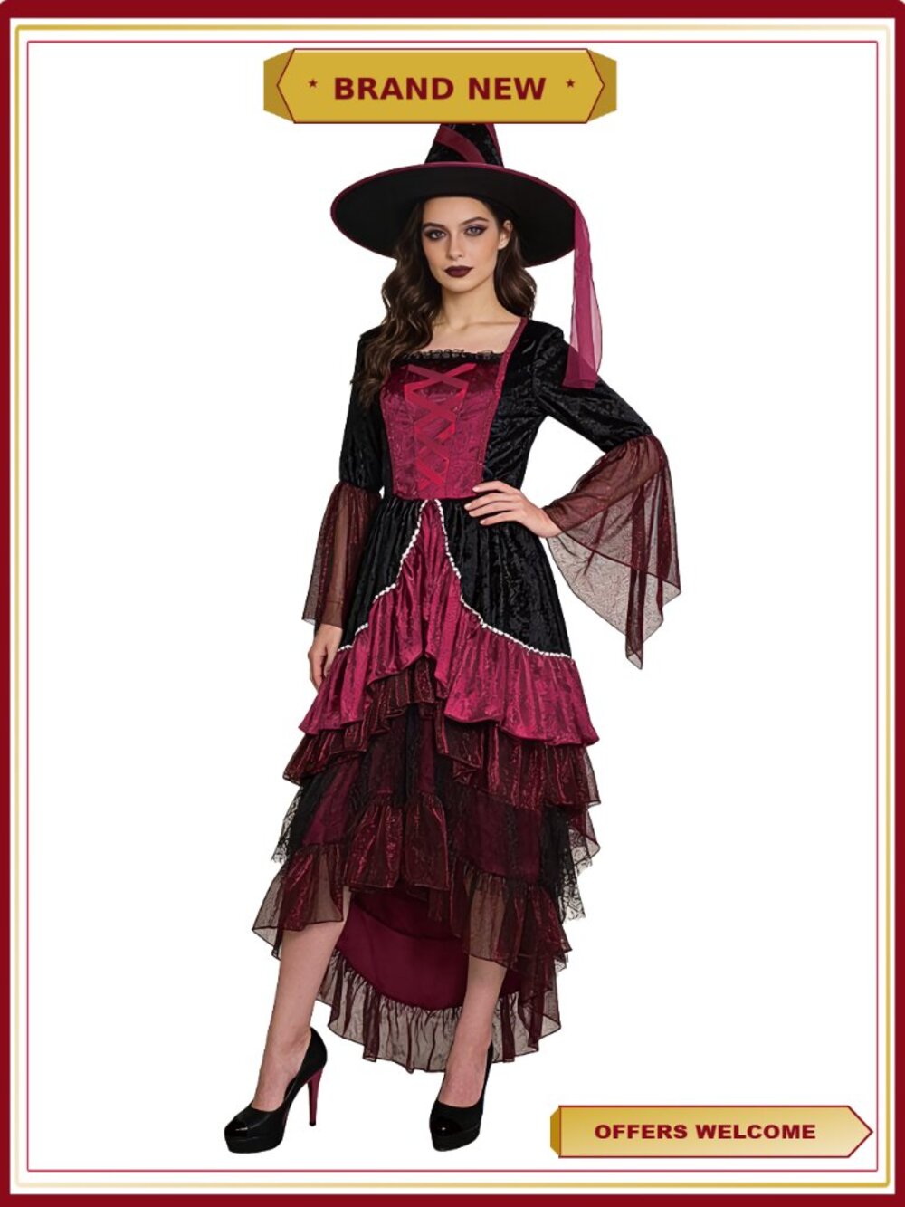 Women's Witch Costume with Lace-Up Bodice and Pointed Hat